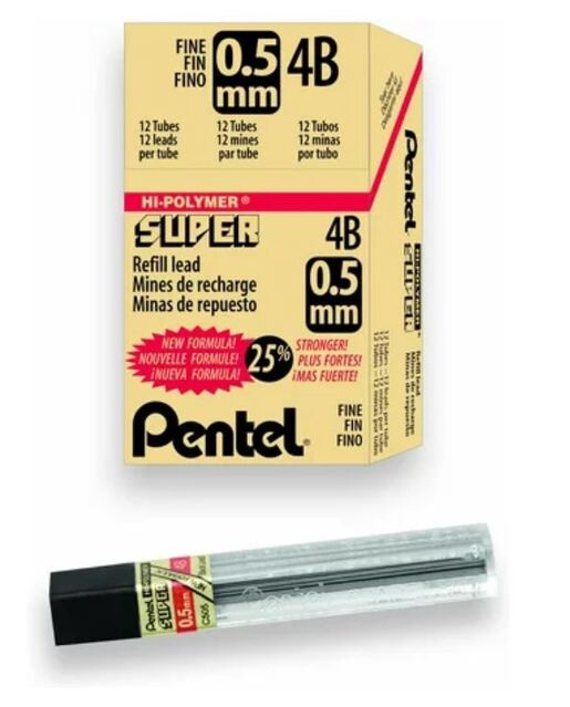 Pentel Super Hi-Polymer Pencil Leads - 0.5mm - Grade 4B - 12 per tube